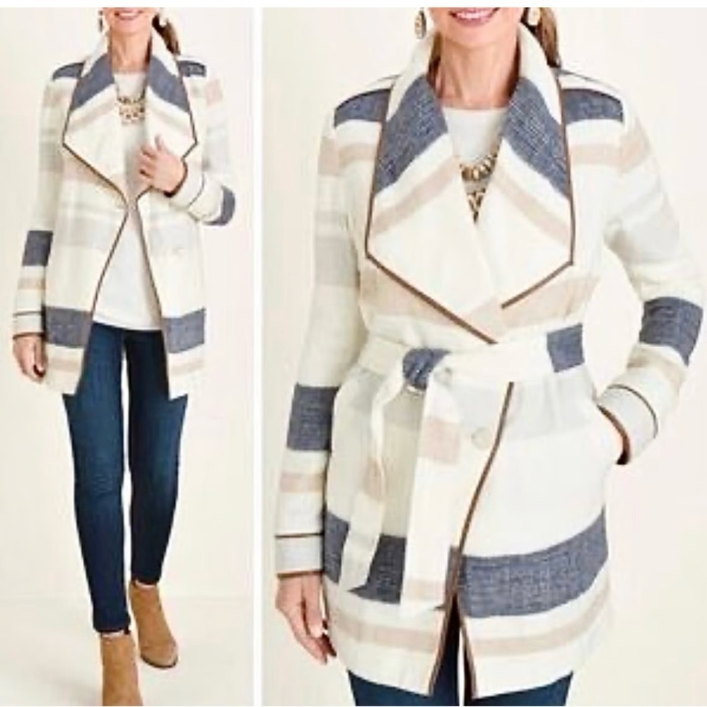 CHICO’S Plush Striped Trench Coat Jacket 4/6